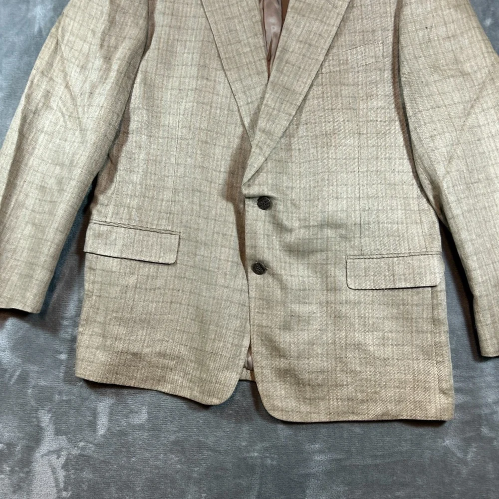 D'Urban Jacket‎ Mens 44 Beige 100% Linen Plaid Sport Coat Blazer Vtg Old Money